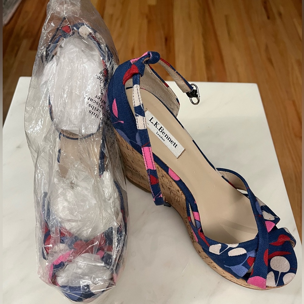 LK Bennett Linette Navy and Pink Patterned Wedge Sandals